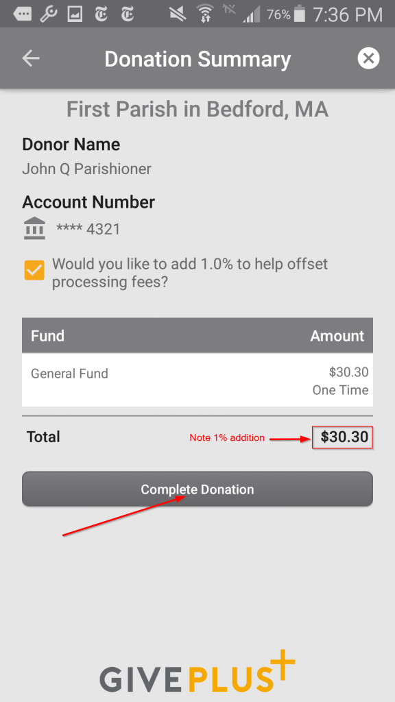 Bank Account Donation Summary with checkbox checked