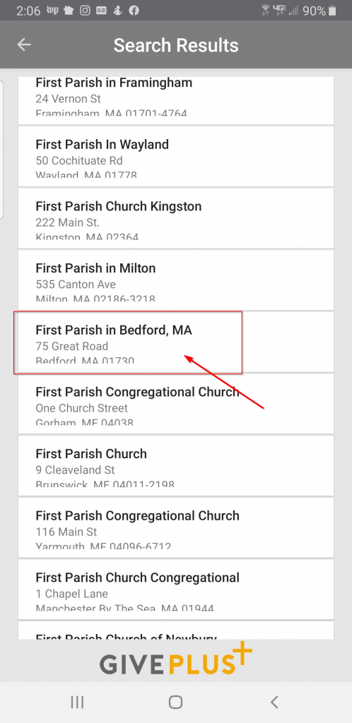Location search using "First Parish"