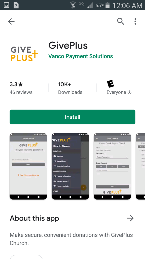 Install screen for "GivePlus" in Google Play
